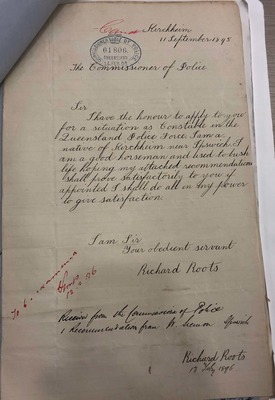 QSA564387 1895 Letter from Richard Roots to Commissioner of Police 11 September, Richard Roots Police Staff file